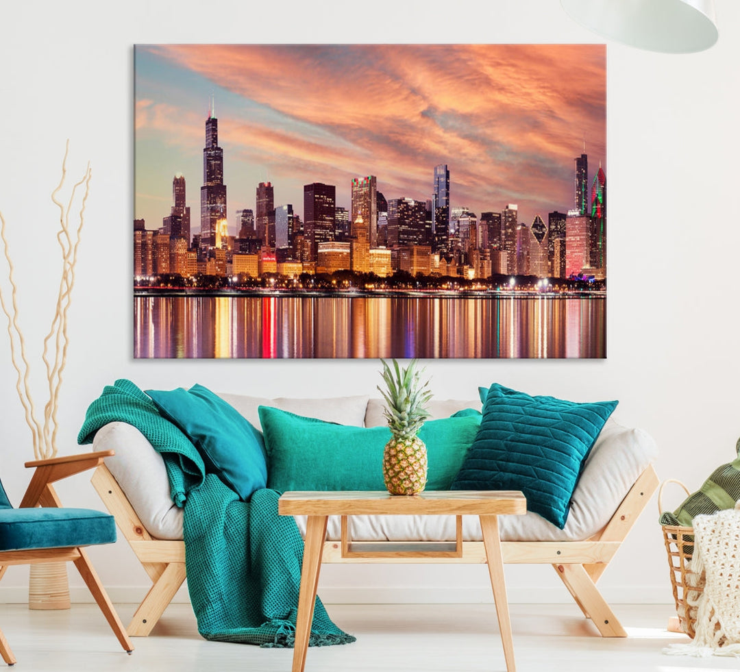 Chicago Downtown at Sunset Skyline Canvas Wall Art Print Framed