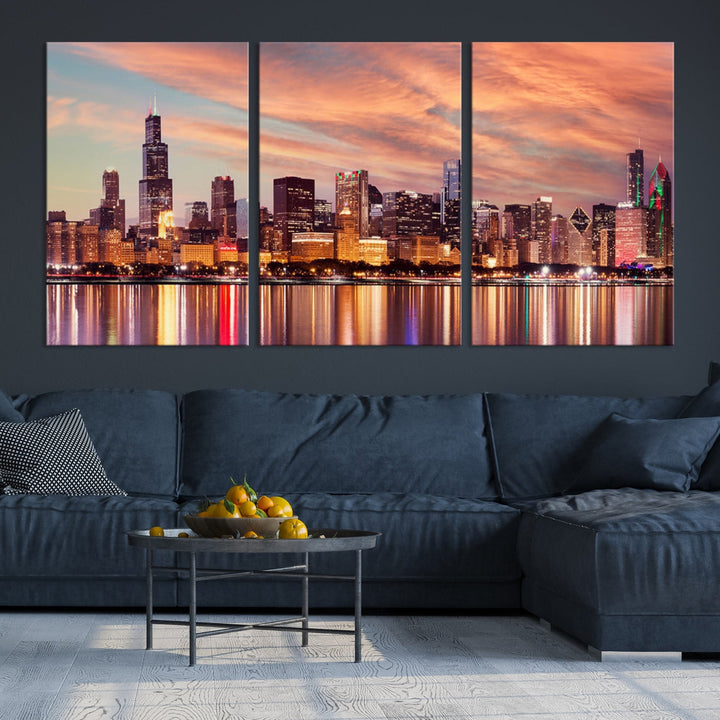 Chicago Downtown at Sunset Skyline Canvas Wall Art Print Framed