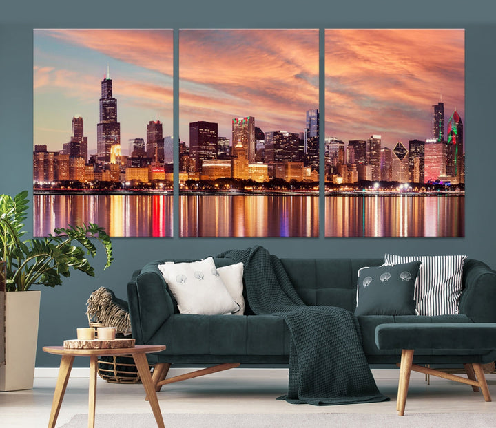 Chicago Downtown at Sunset Skyline Canvas Wall Art Print Framed