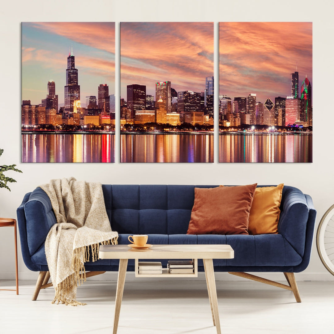 Chicago Downtown at Sunset Skyline Canvas Wall Art Print Framed