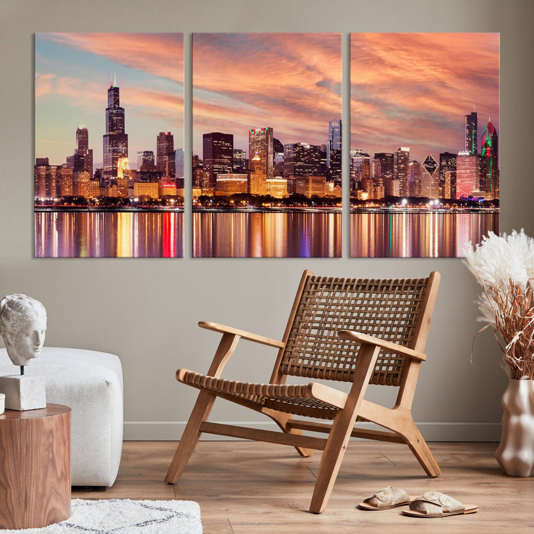 Chicago Downtown at Sunset Skyline Canvas Wall Art Print Framed