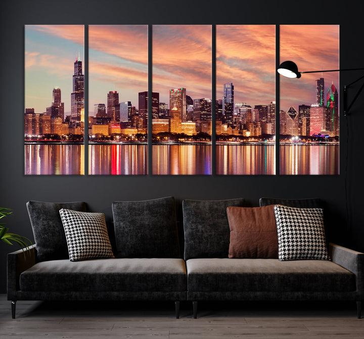 Chicago Downtown at Sunset Skyline Canvas Wall Art Print Framed