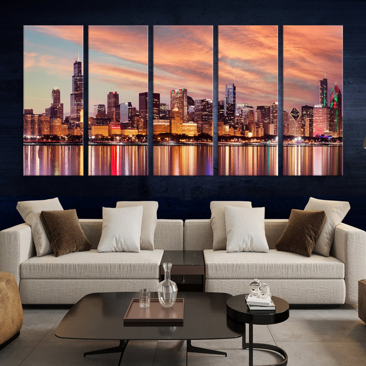 Chicago Downtown at Sunset Skyline Canvas Wall Art Print Framed