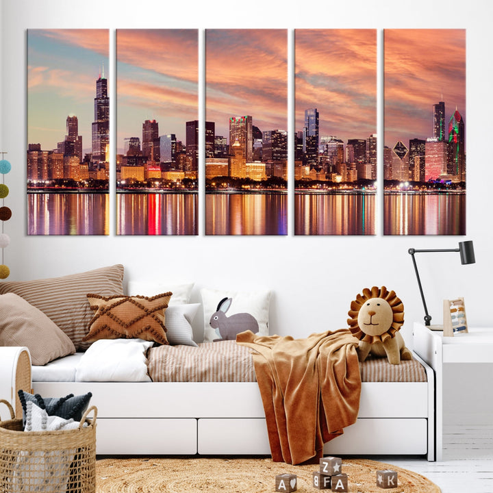 Chicago Downtown at Sunset Skyline Canvas Wall Art Print Framed