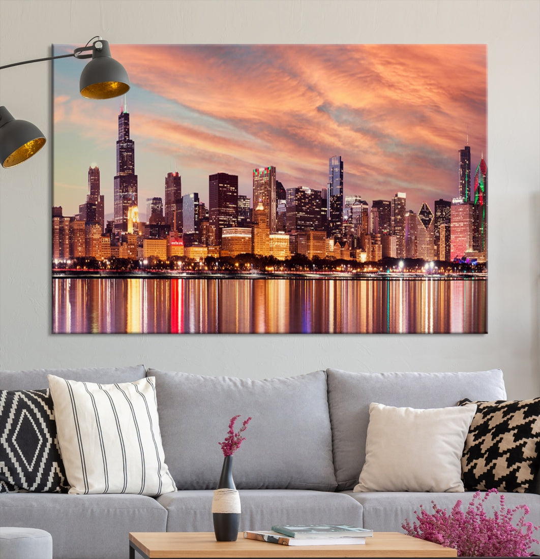 Chicago Downtown at Sunset Skyline Canvas Wall Art Print Framed