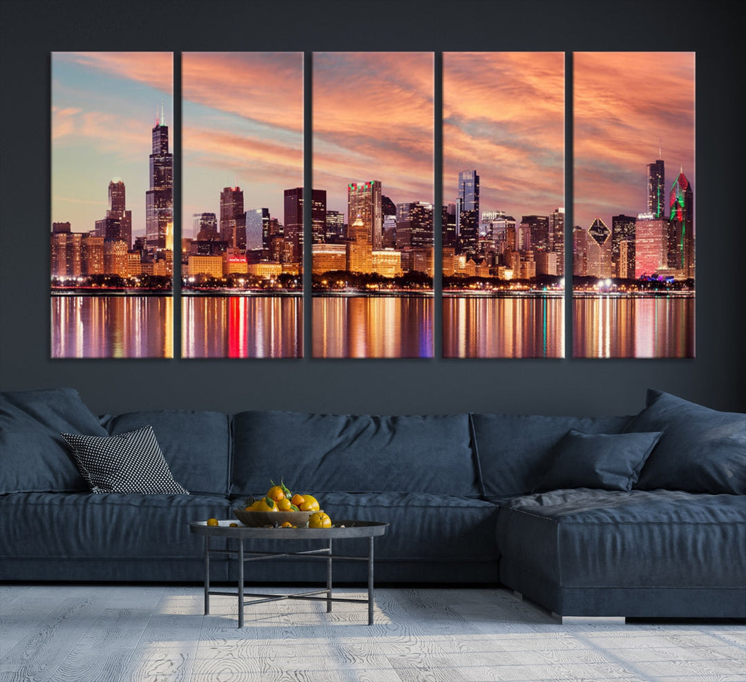 Chicago Downtown at Sunset Skyline Canvas Wall Art Print Framed