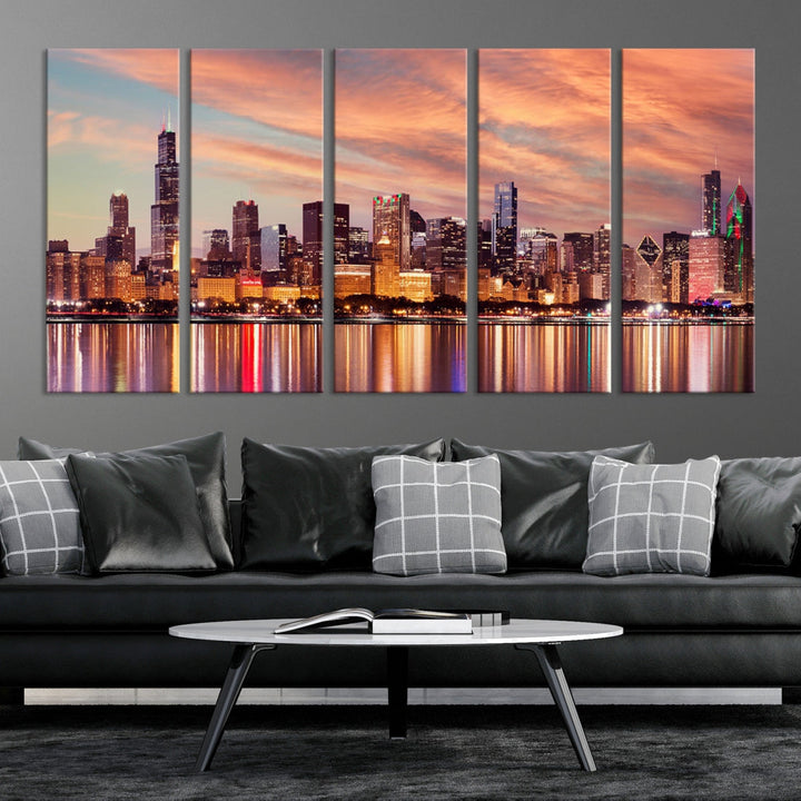 Chicago Downtown at Sunset Skyline Canvas Wall Art Print Framed