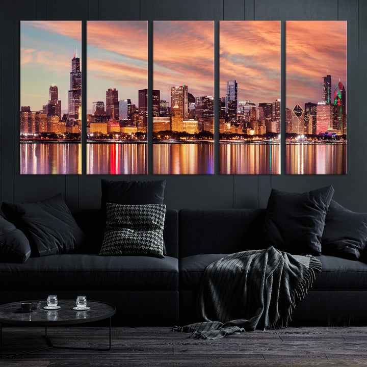 Chicago Downtown at Sunset Skyline Canvas Wall Art Print Framed