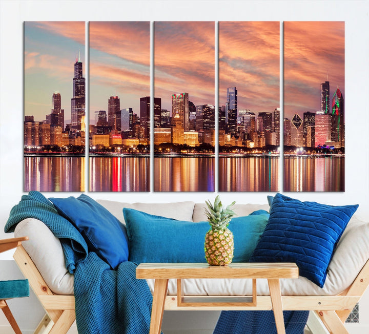 Chicago Downtown at Sunset Skyline Canvas Wall Art Print Framed