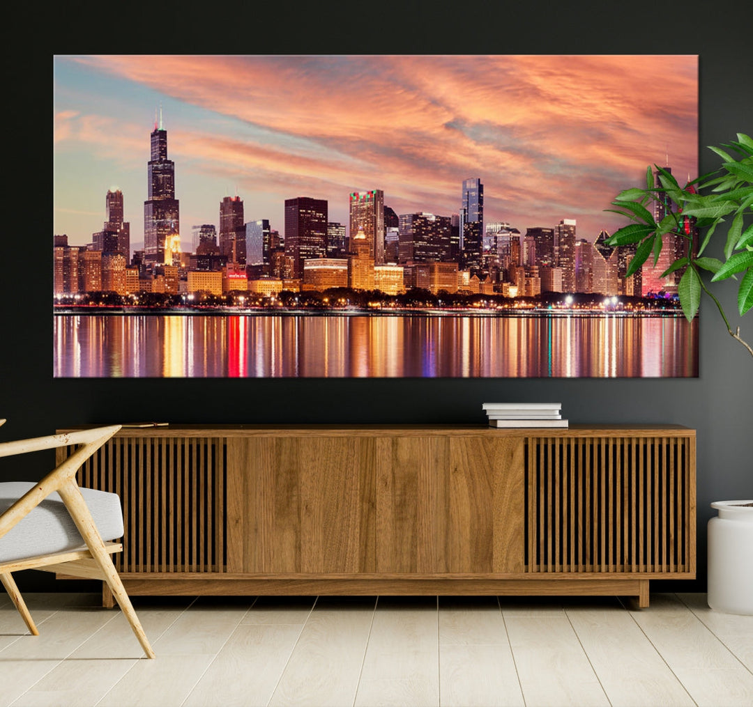 Chicago Downtown at Sunset Skyline Canvas Wall Art Print Framed