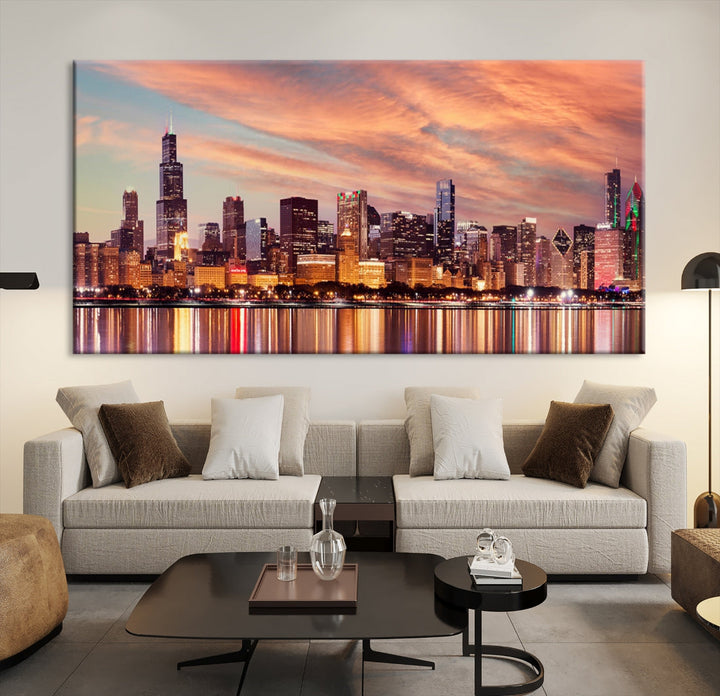 Chicago Downtown at Sunset Skyline Canvas Wall Art Print Framed