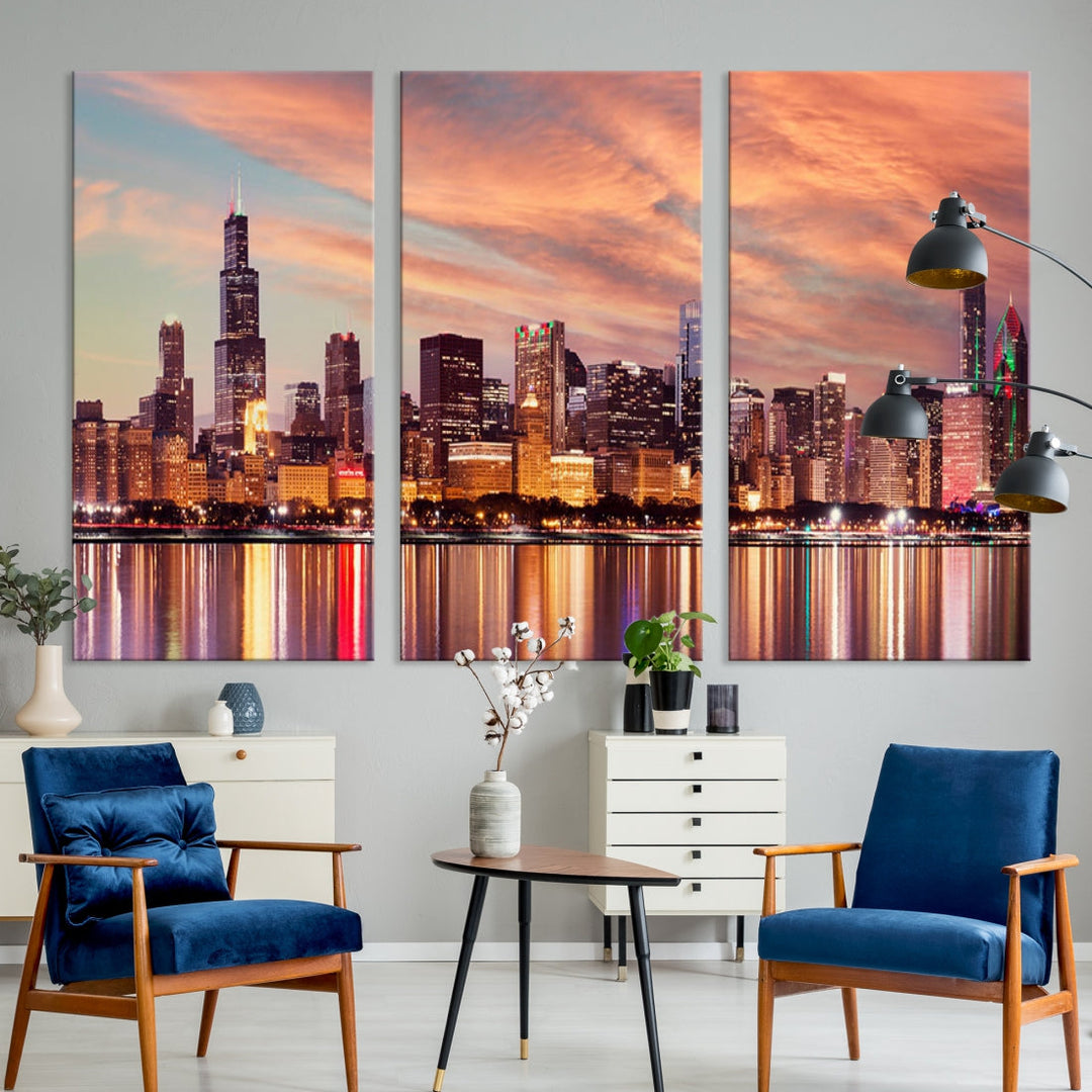 Chicago Downtown at Sunset Skyline Canvas Wall Art Print Framed