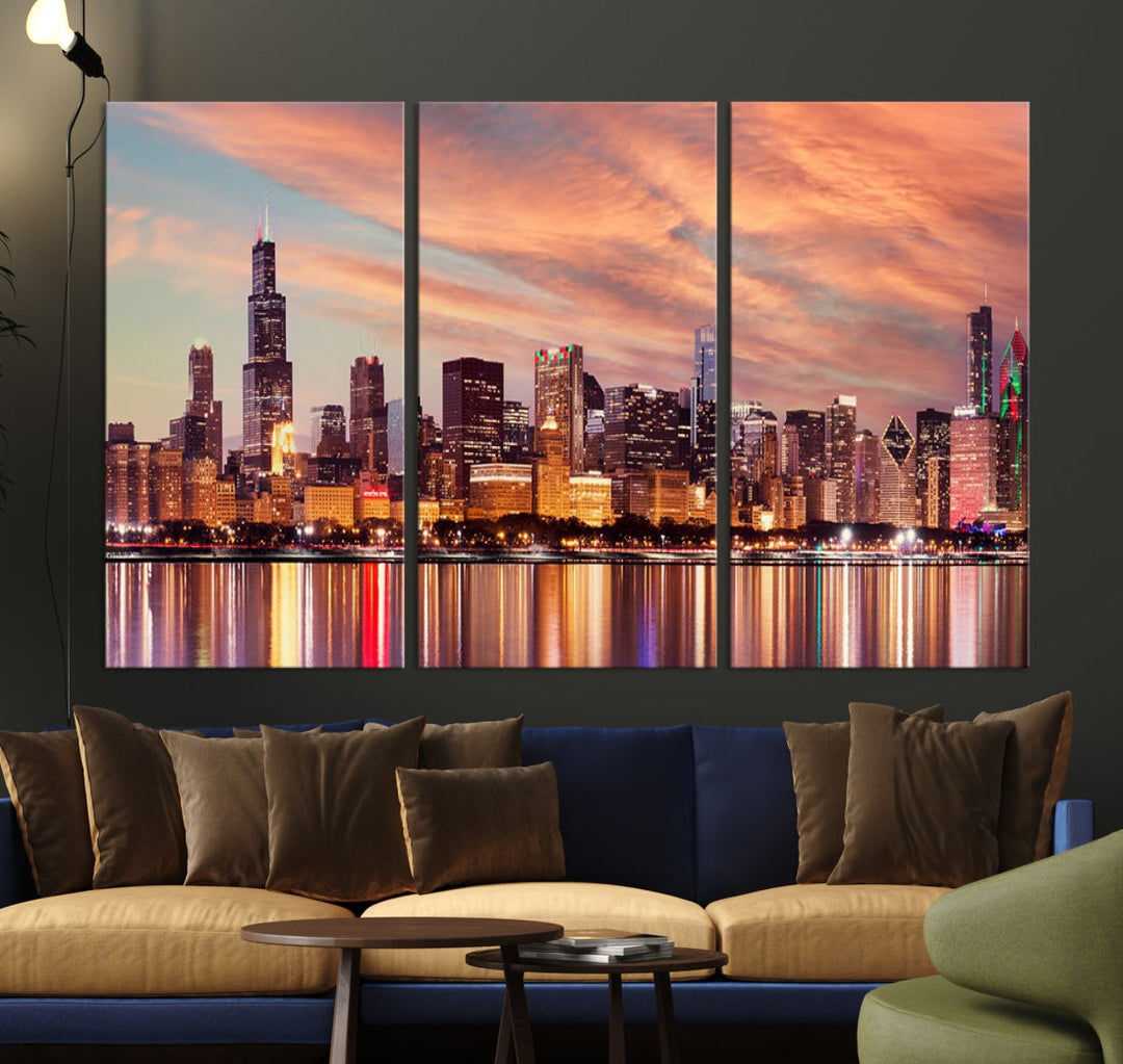 Chicago Downtown at Sunset Skyline Canvas Wall Art Print Framed