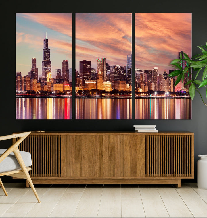 Chicago Downtown at Sunset Skyline Canvas Wall Art Print Framed