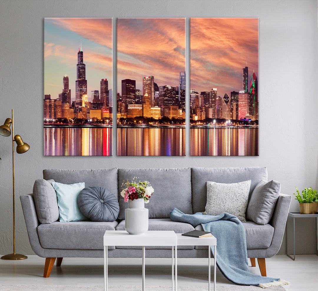 Chicago Downtown at Sunset Skyline Canvas Wall Art Print Framed