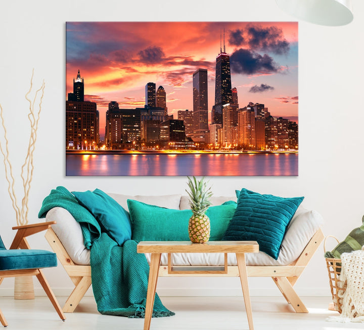 Chicago Downtown at Sunset Skyline Cityscape Wall Art Canvas Print