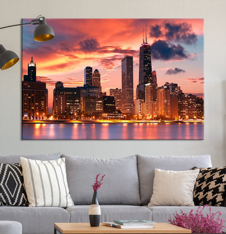 Chicago Downtown at Sunset Skyline Cityscape Wall Art Canvas Print