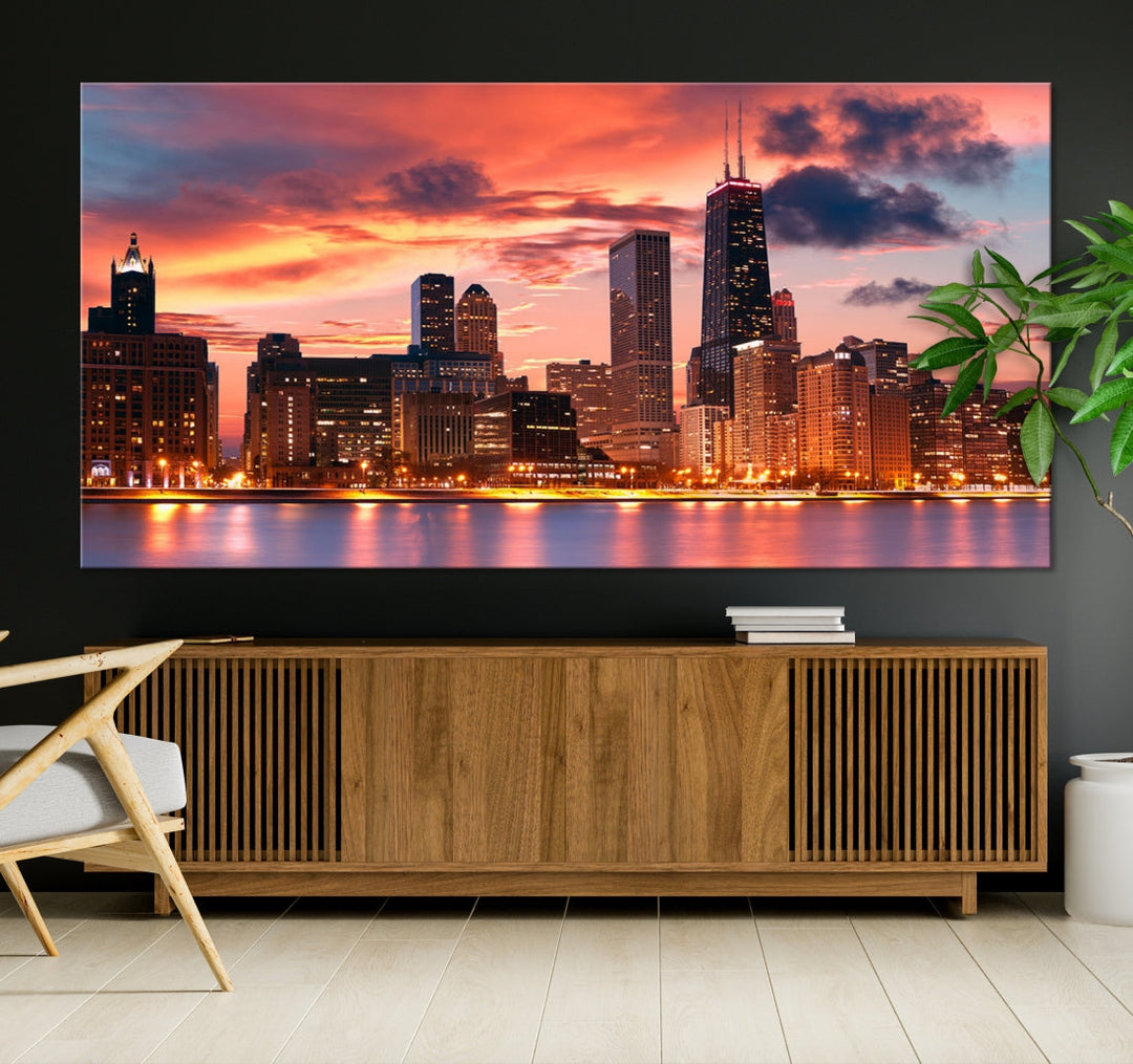 Chicago Downtown at Sunset Skyline Cityscape Wall Art Canvas Print