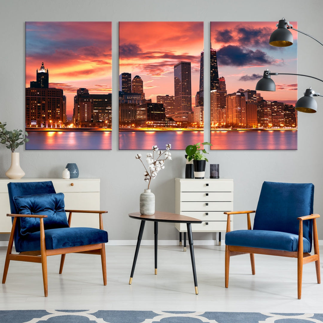 Chicago Downtown at Sunset Skyline Cityscape Wall Art Canvas Print