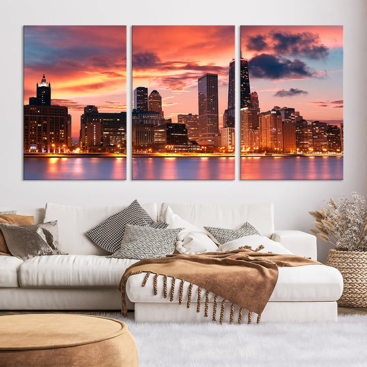 Chicago Downtown at Sunset Skyline Cityscape Wall Art Canvas Print