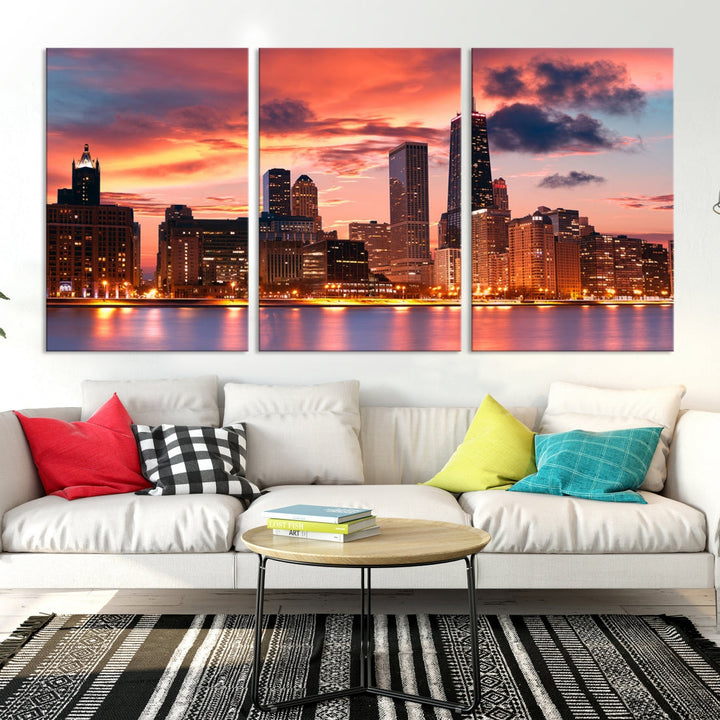 Chicago Downtown at Sunset Skyline Cityscape Wall Art Canvas Print