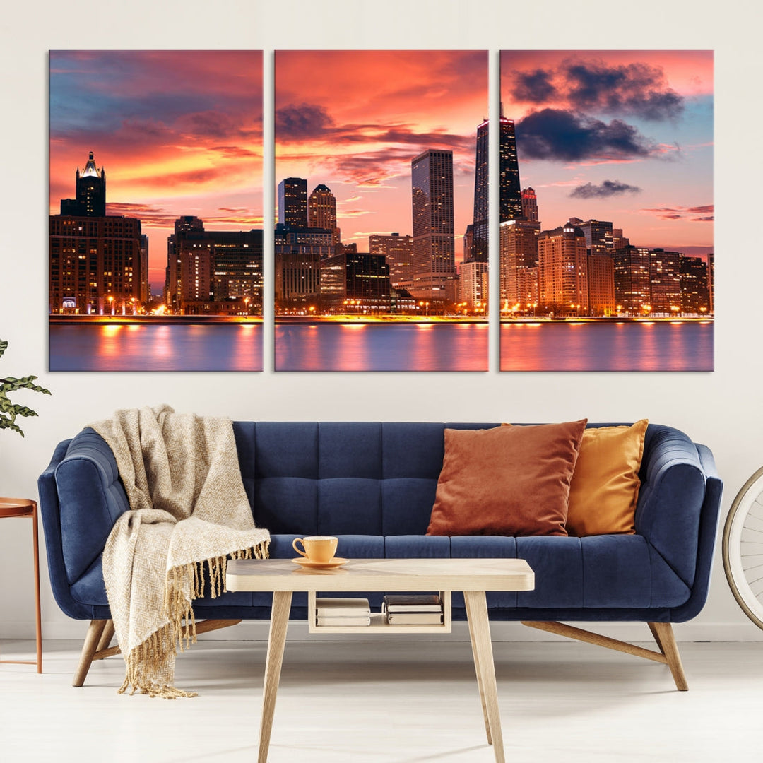 Chicago Downtown at Sunset Skyline Cityscape Wall Art Canvas Print