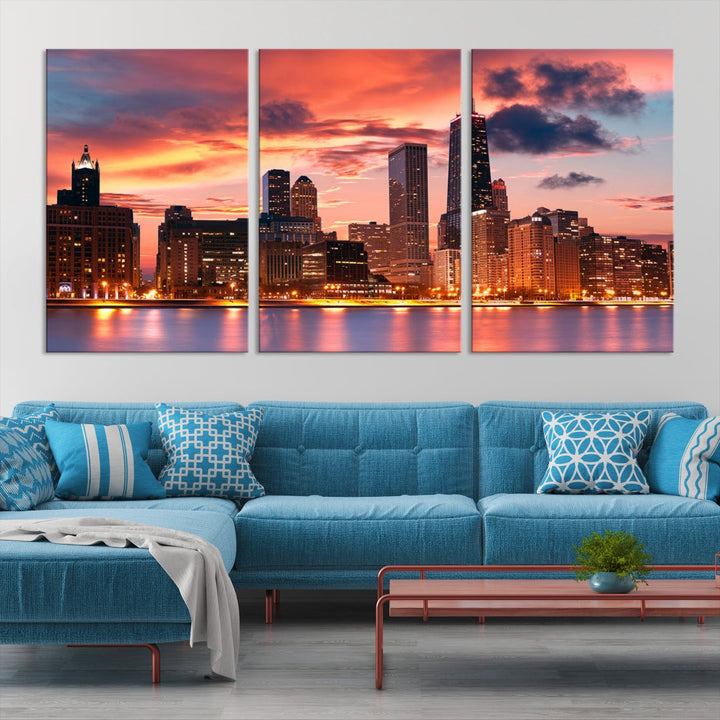 Chicago Downtown at Sunset Skyline Cityscape Wall Art Canvas Print