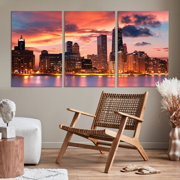 Chicago Downtown at Sunset Skyline Cityscape Wall Art Canvas Print