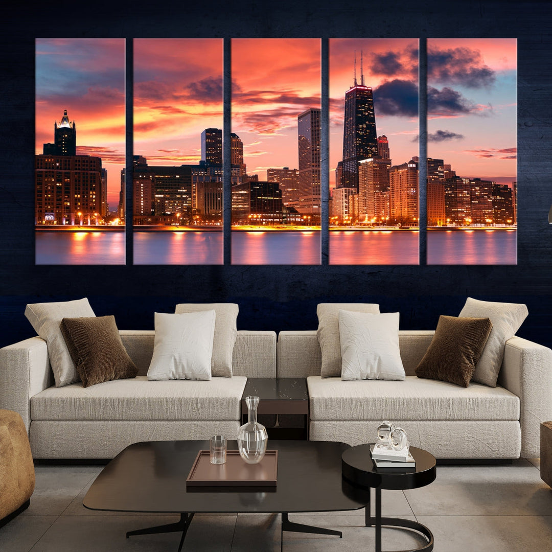 Chicago Downtown at Sunset Skyline Cityscape Wall Art Canvas Print