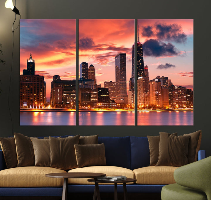 Chicago Downtown at Sunset Skyline Cityscape Wall Art Canvas Print