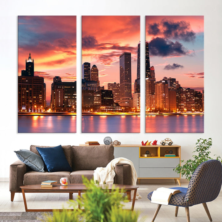 Chicago Downtown at Sunset Skyline Cityscape Wall Art Canvas Print