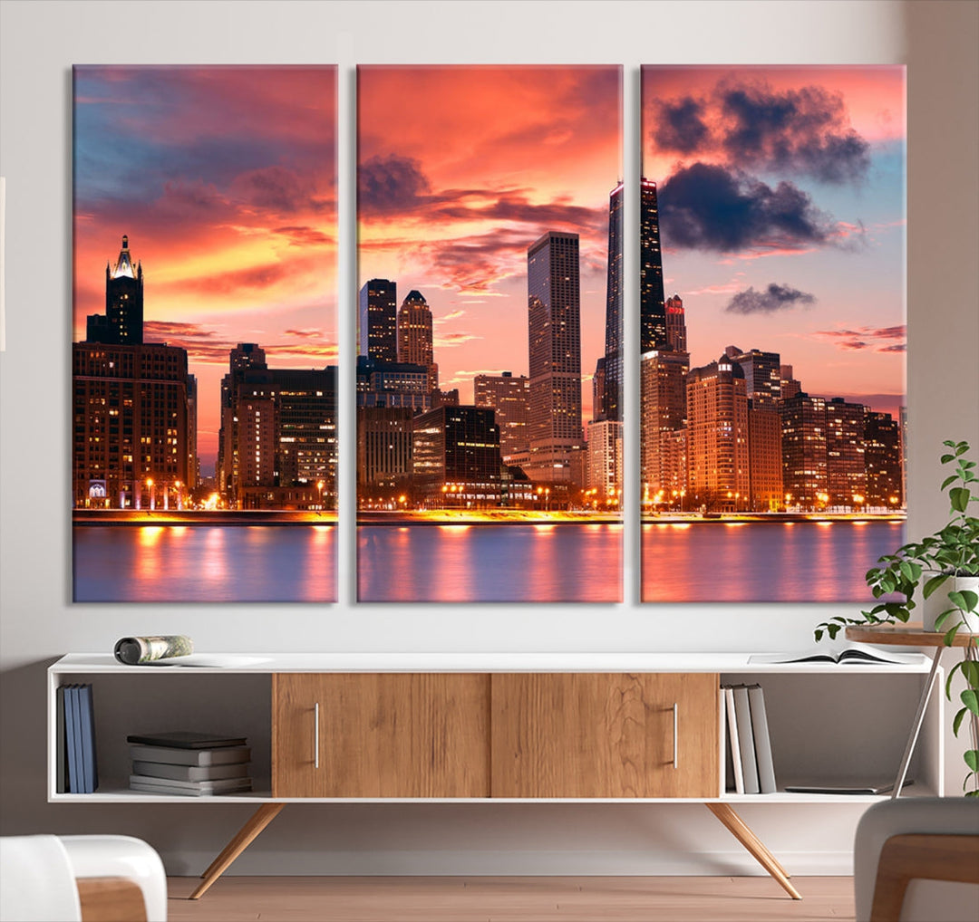 Chicago Downtown at Sunset Skyline Cityscape Wall Art Canvas Print