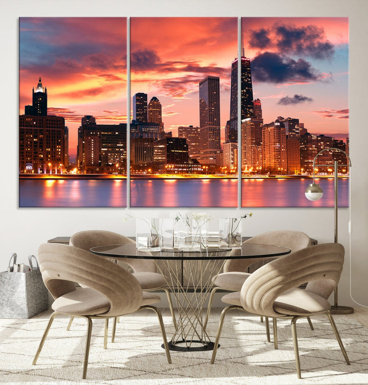 Chicago Downtown at Sunset Skyline Cityscape Wall Art Canvas Print