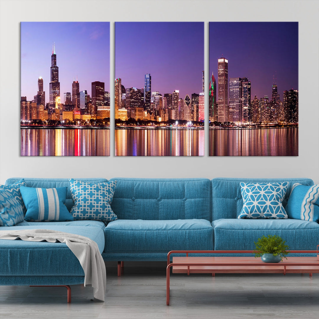 Chicago Night Purple Skyline Cityscape Canvas Art Print Large Wall Decor