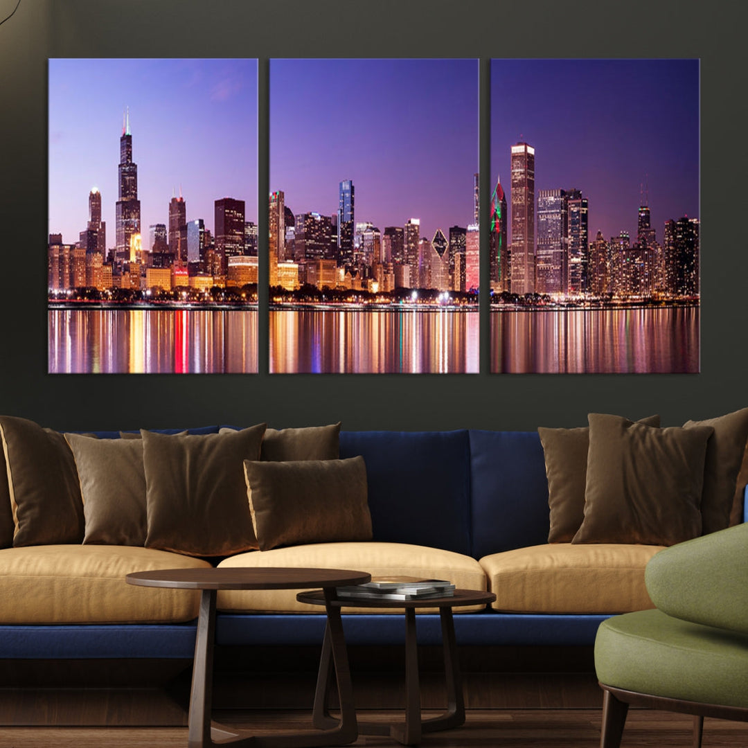 Chicago Night Purple Skyline Cityscape Canvas Art Print Large Wall Decor