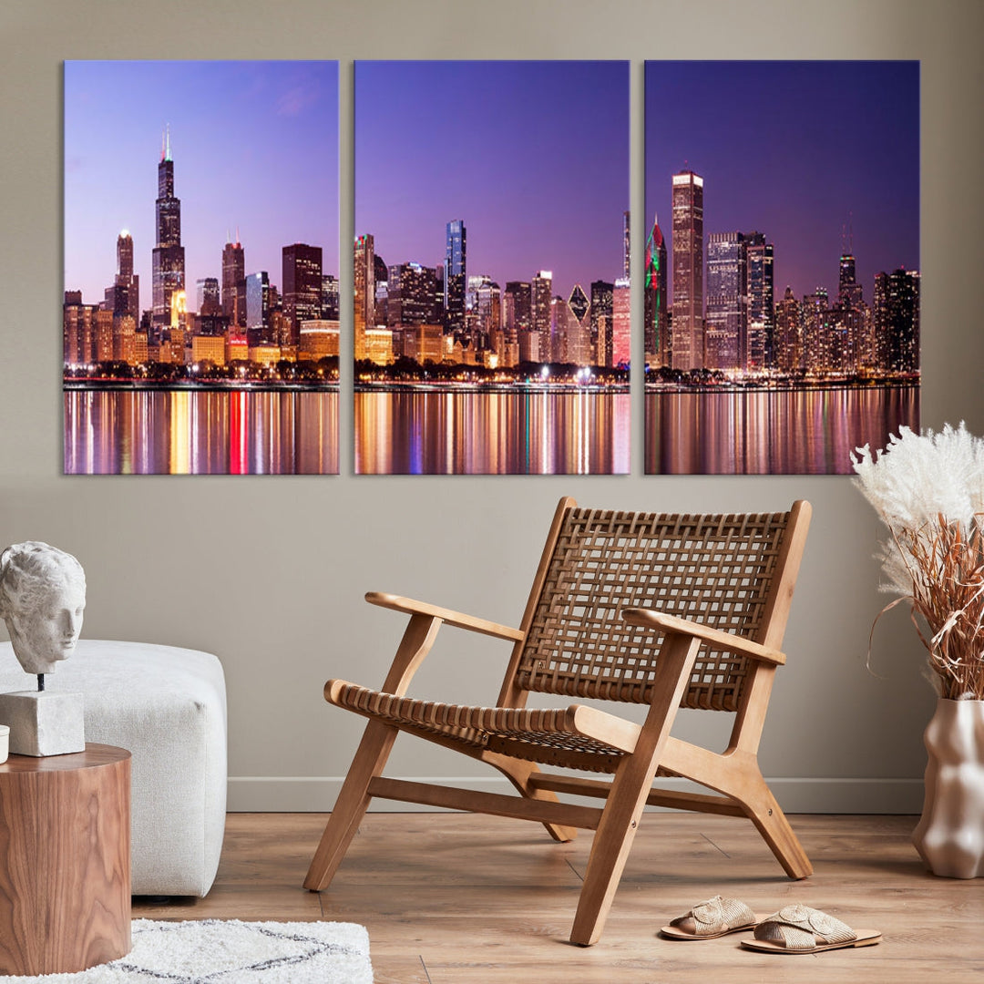 Chicago Night Purple Skyline Cityscape Canvas Art Print Large Wall Decor