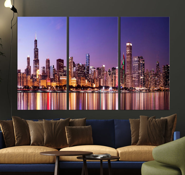 Chicago Night Purple Skyline Cityscape Canvas Art Print Large Wall Decor