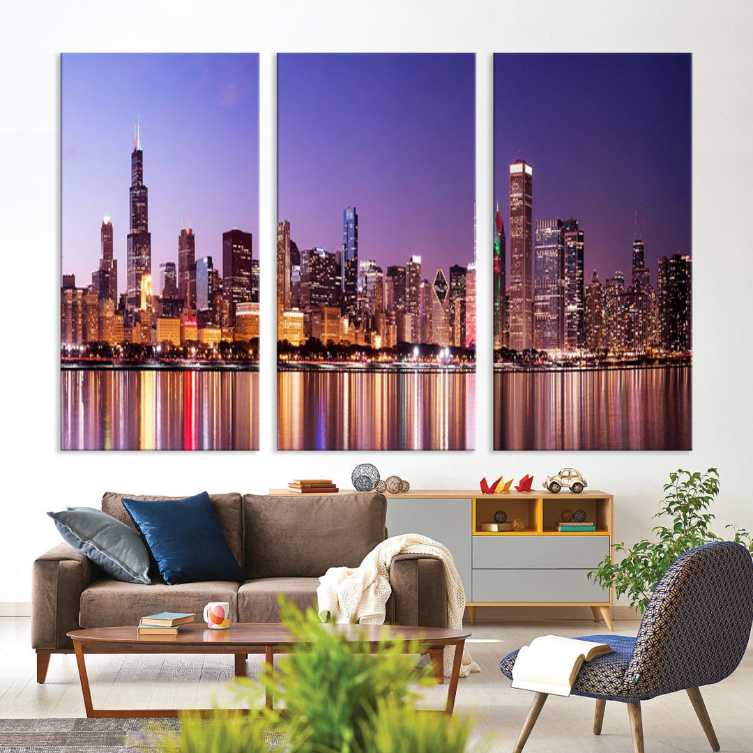 Chicago Night Purple Skyline Cityscape Canvas Art Print Large Wall Decor