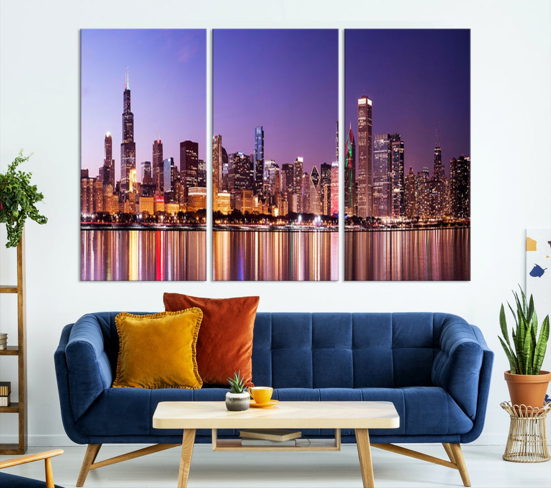 Chicago Night Purple Skyline Cityscape Canvas Art Print Large Wall Decor