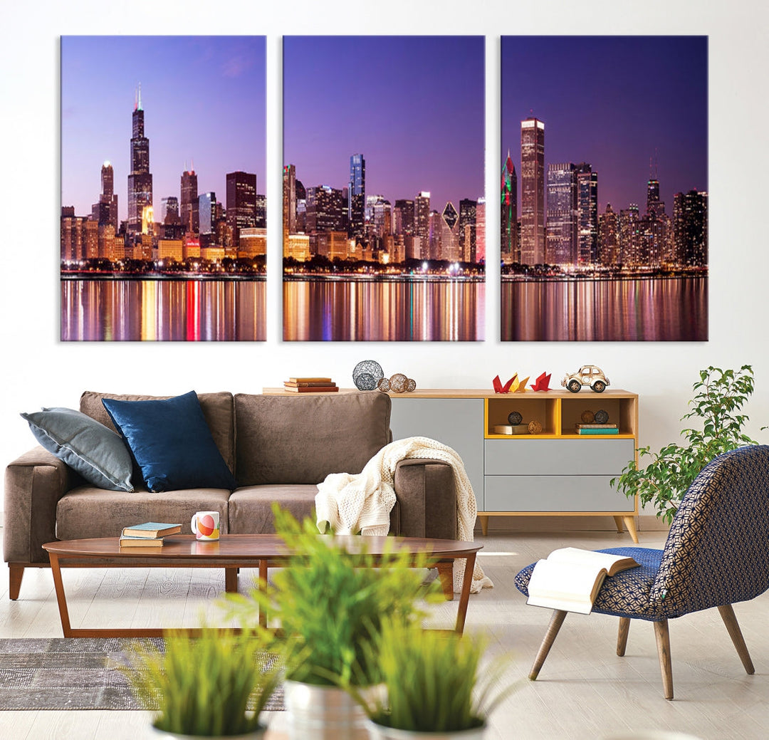 Chicago Night Purple Skyline Cityscape Canvas Art Print Large Wall Decor