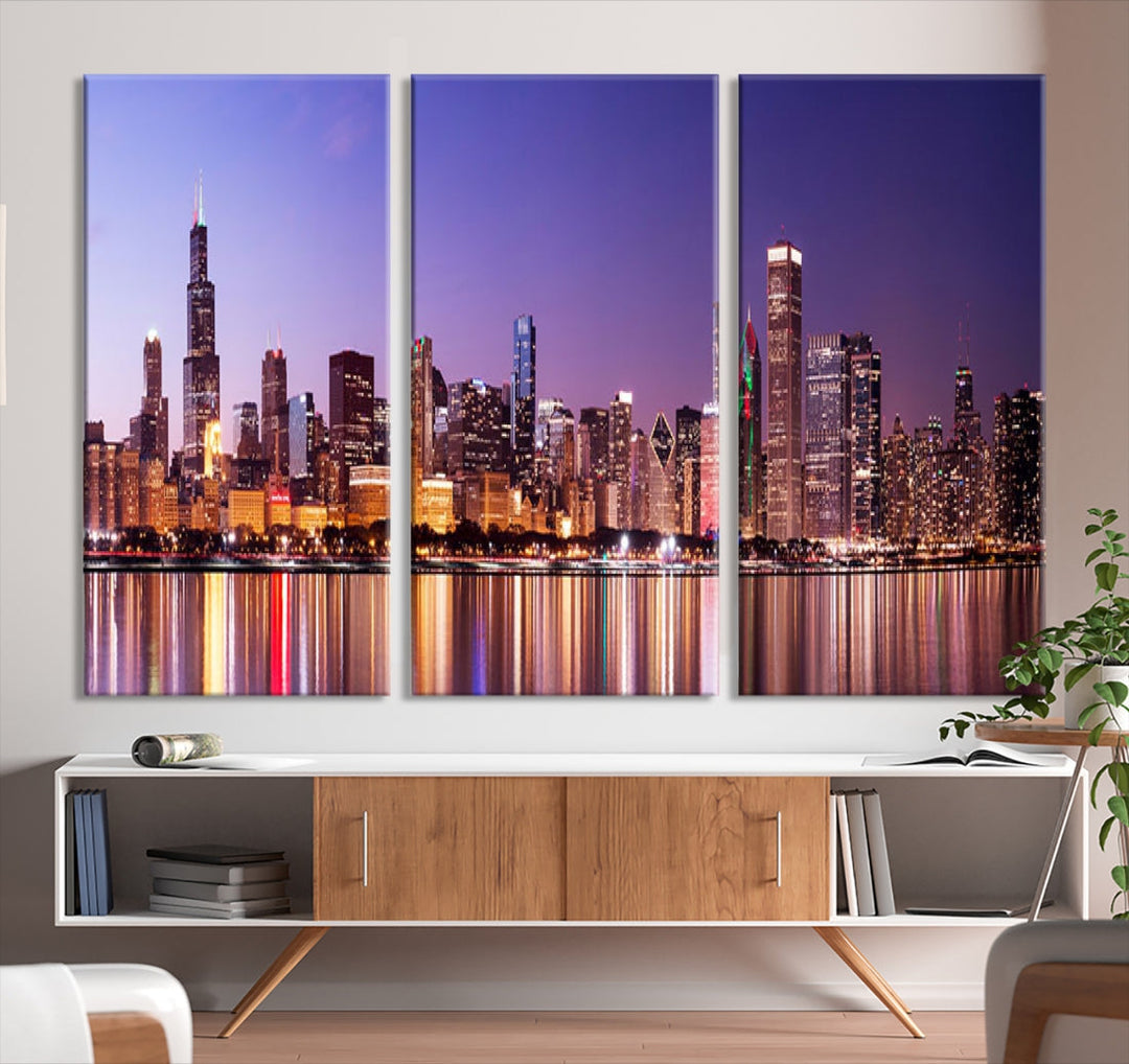 Chicago Night Purple Skyline Cityscape Canvas Art Print Large Wall Decor