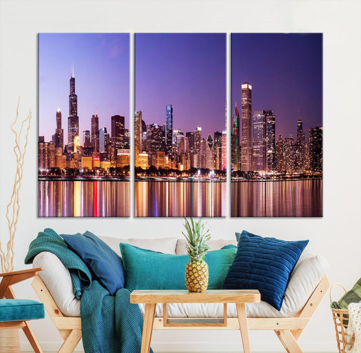 Chicago Night Purple Skyline Cityscape Canvas Art Print Large Wall Decor