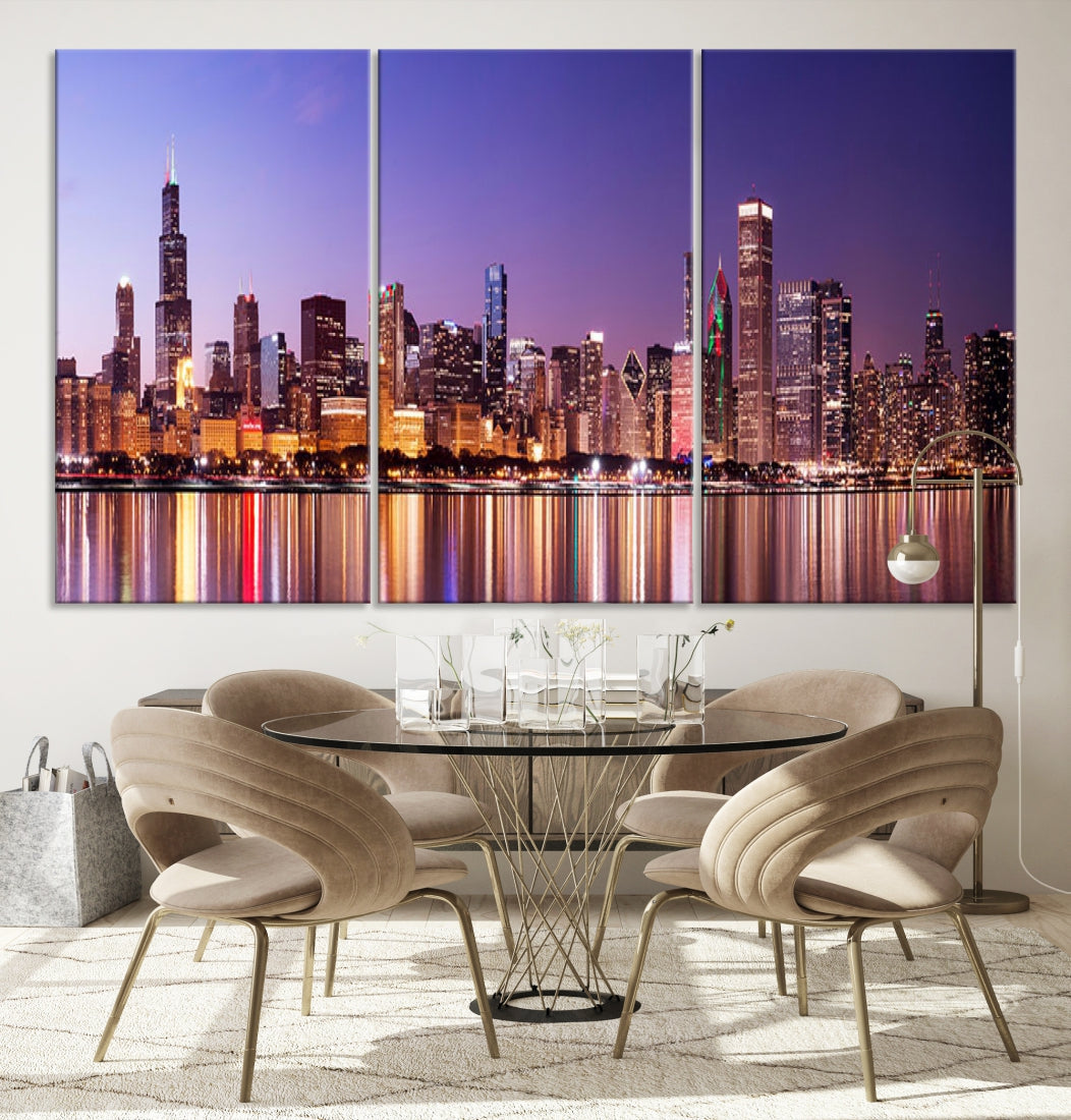 Chicago Night Purple Skyline Cityscape Canvas Art Print Large Wall Decor