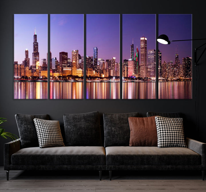 Chicago Night Purple Skyline Cityscape Canvas Art Print Large Wall Decor