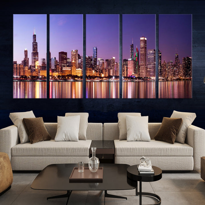 Chicago Night Purple Skyline Cityscape Canvas Art Print Large Wall Decor