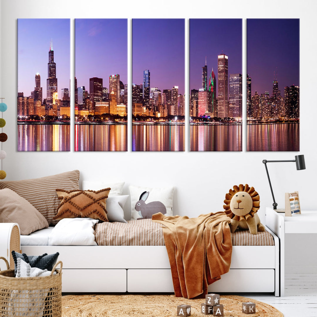 Chicago Night Purple Skyline Cityscape Canvas Art Print Large Wall Decor