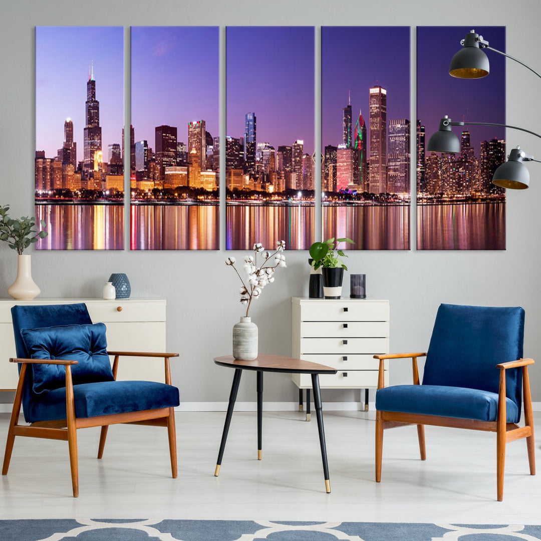 Chicago Night Purple Skyline Cityscape Canvas Art Print Large Wall Decor