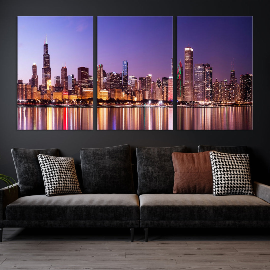 Chicago Night Purple Skyline Cityscape Canvas Art Print Large Wall Decor