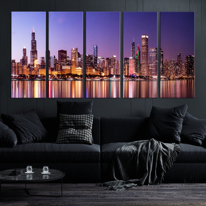 Chicago Night Purple Skyline Cityscape Canvas Art Print Large Wall Decor