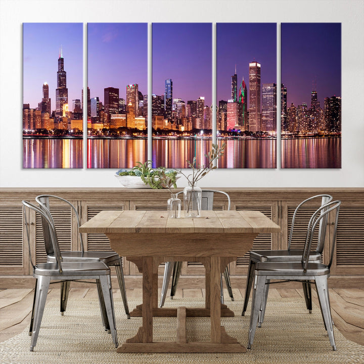 Chicago Night Purple Skyline Cityscape Canvas Art Print Large Wall Decor